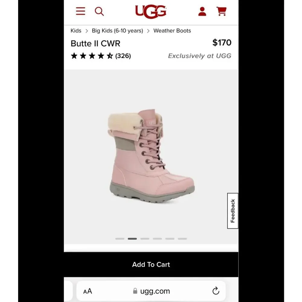 Ugg Kids' Butte II CWR Waterproof Winter Boots Pink Leather Size 4 US